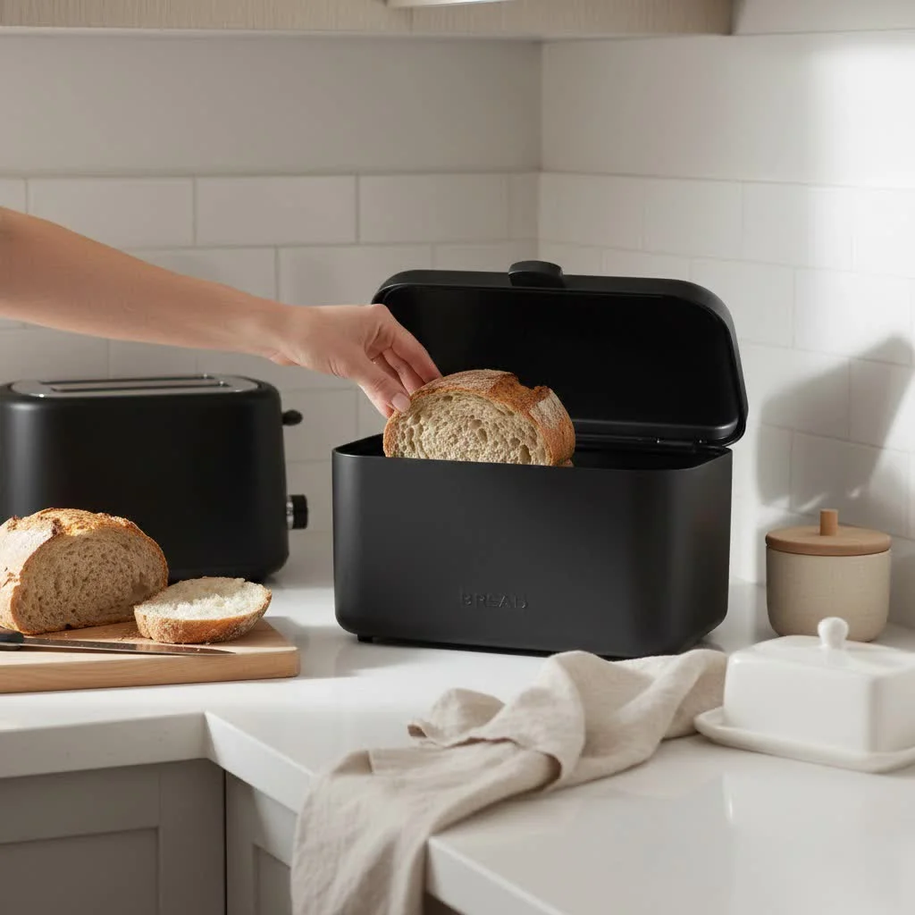 Farmhouse bread box on a kitchen counter