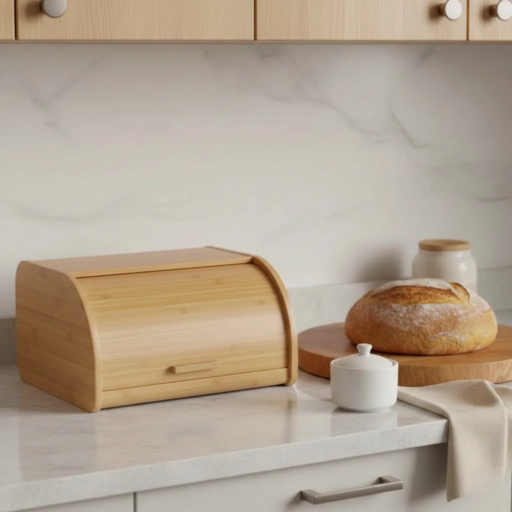 Plastic bread box on a kitchen counter