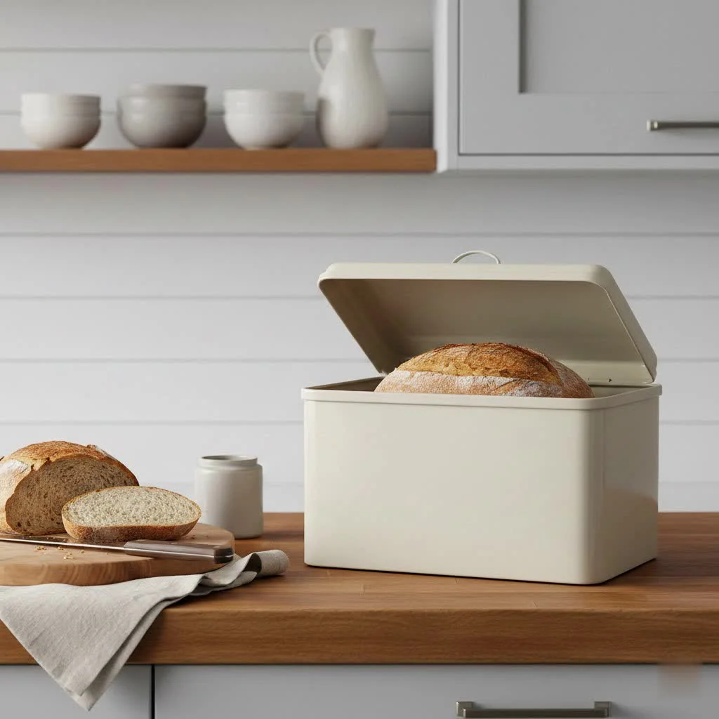 Metal bread box on a kitchen counter