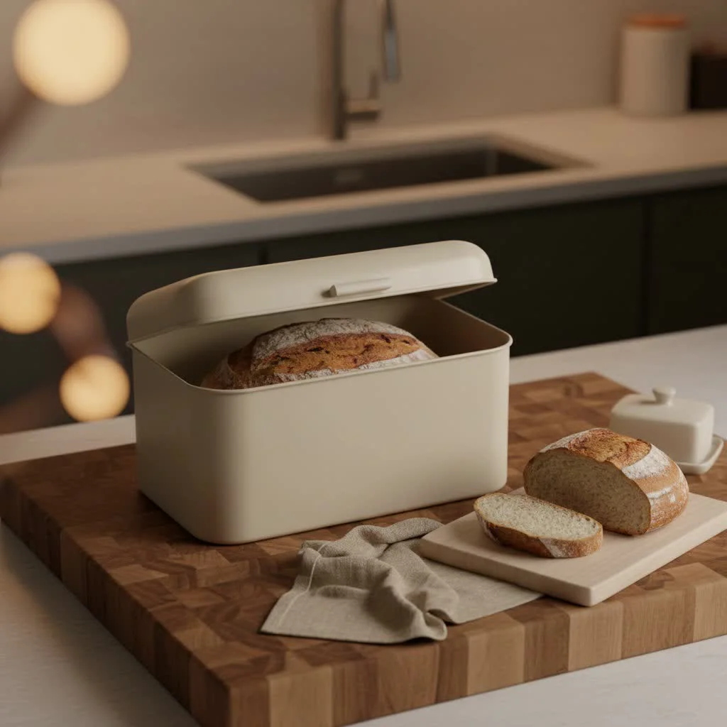 Antique metal bread box on a kitchen counter