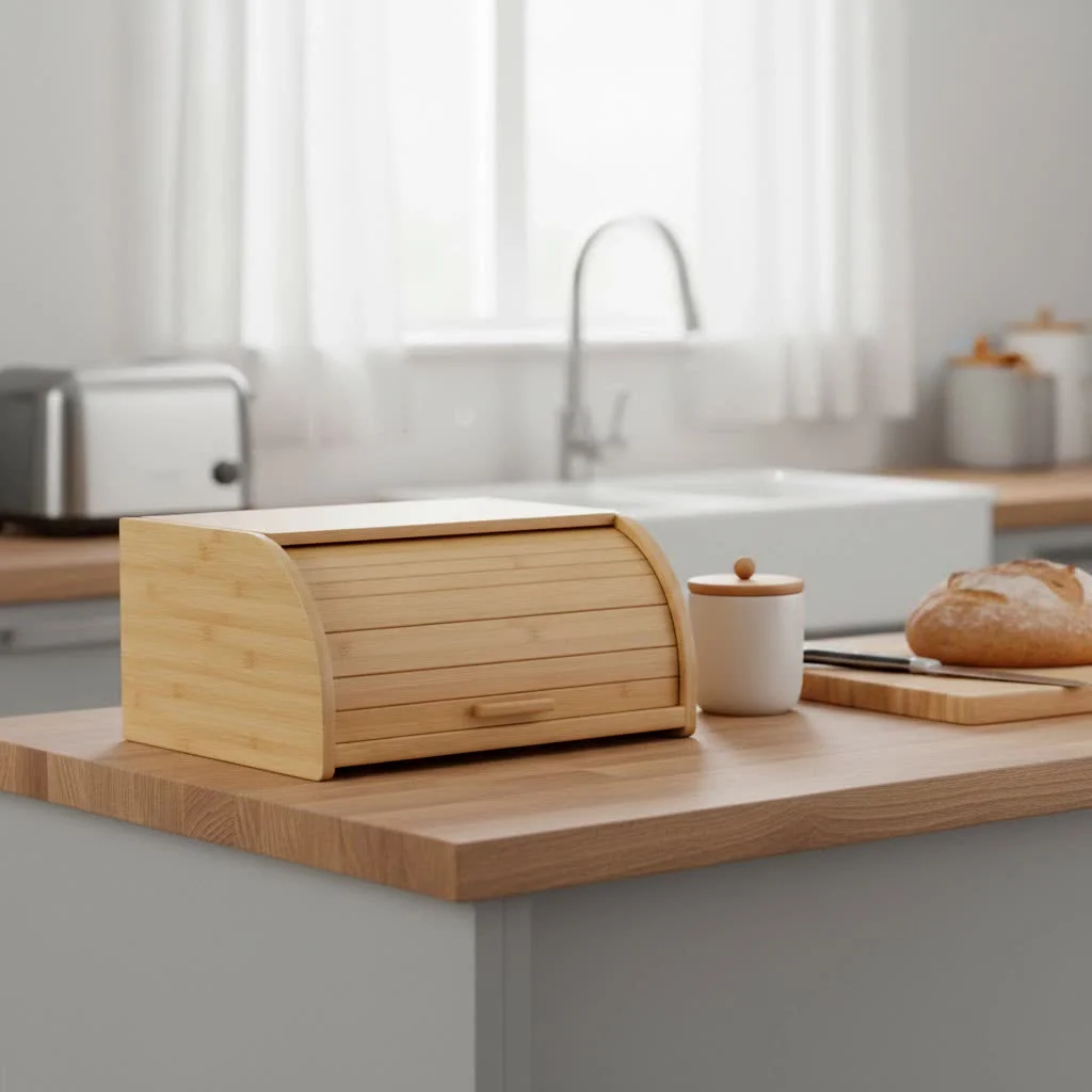 Elegant marble bread box on a kitchen counter