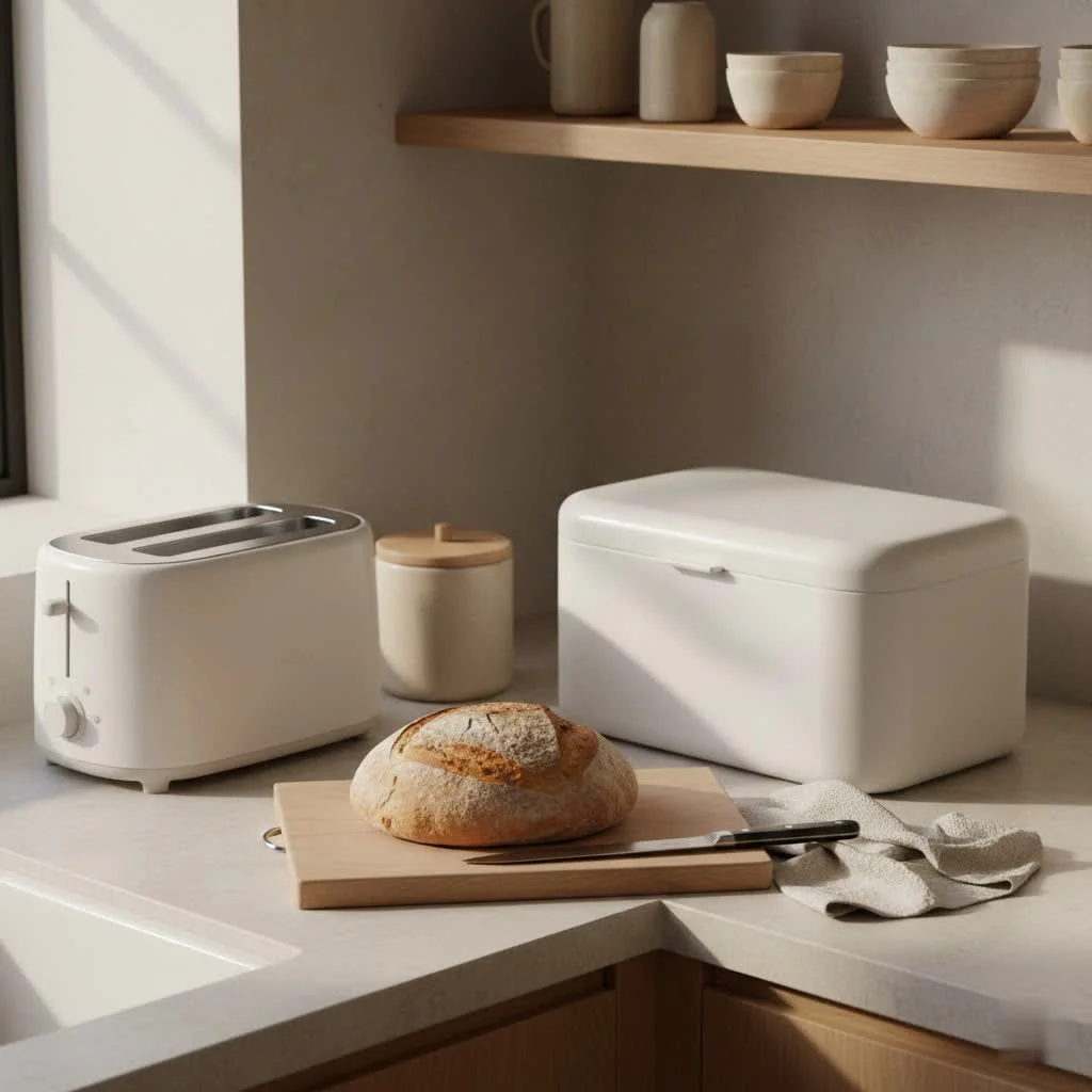 Small bread box on a kitchen counter