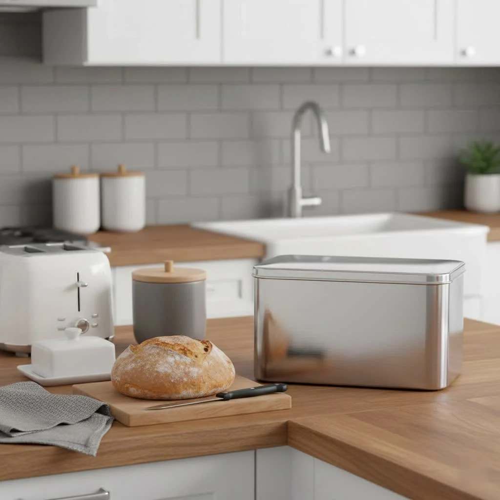 Retro bread box on a kitchen counter