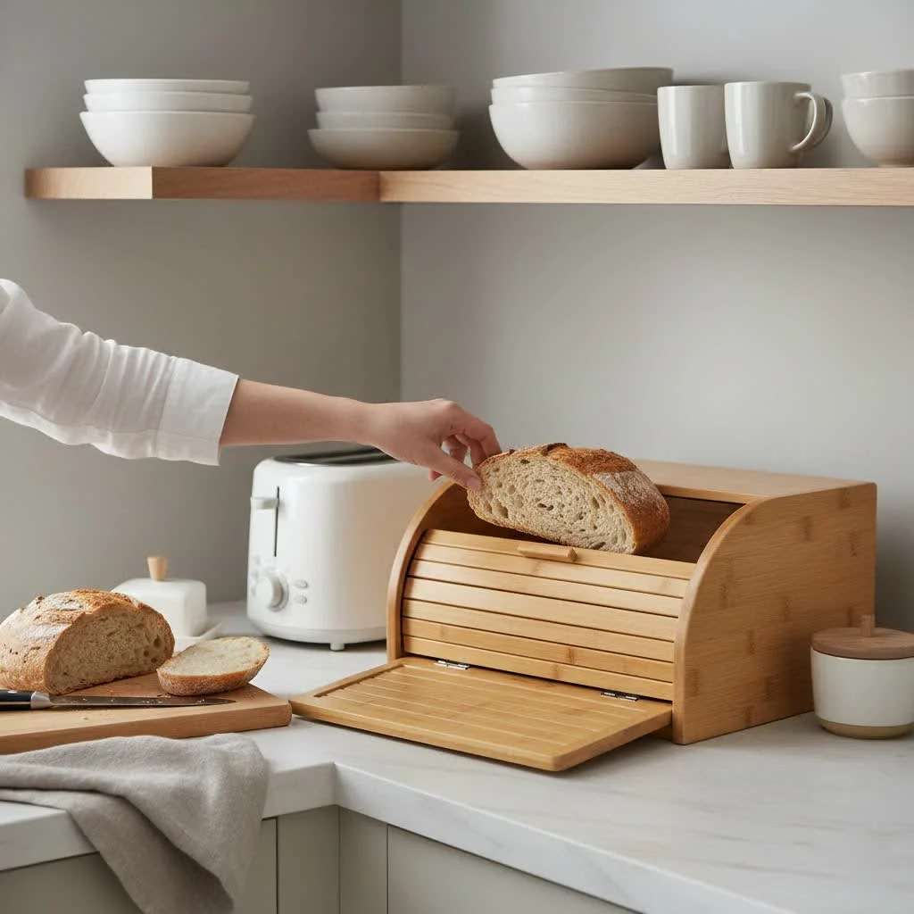 White enamelware bread box with black trim on a kitchen counter