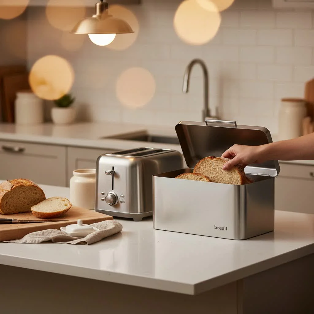 Wooden vintage bread box on a kitchen counter